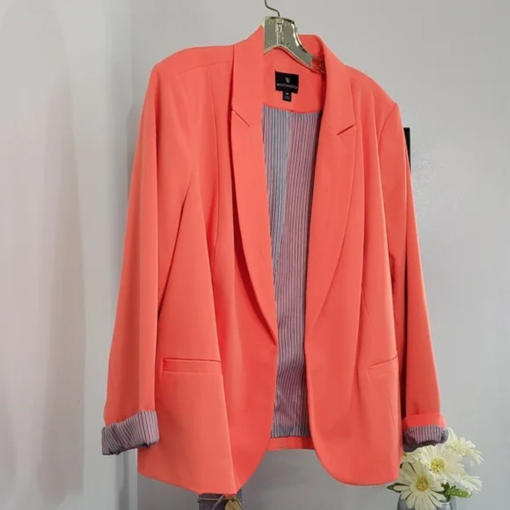 NWT - Worthington - Size 2x - Hot Coral and Pinstripe Open blazer